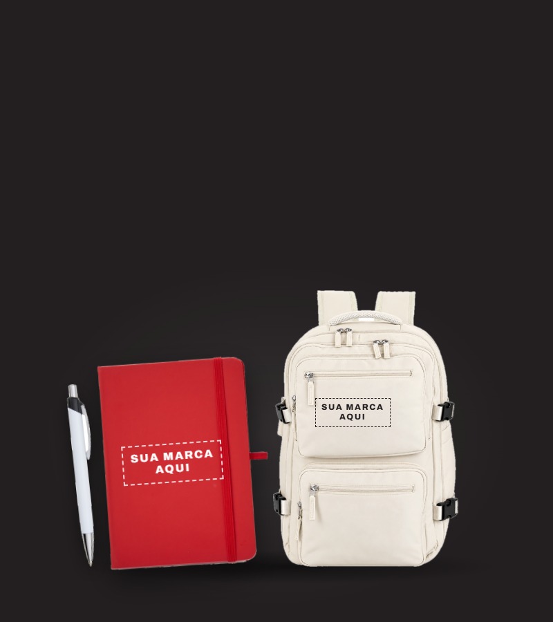 Caderno, caneta e mochila personalizados com a marca da empresa